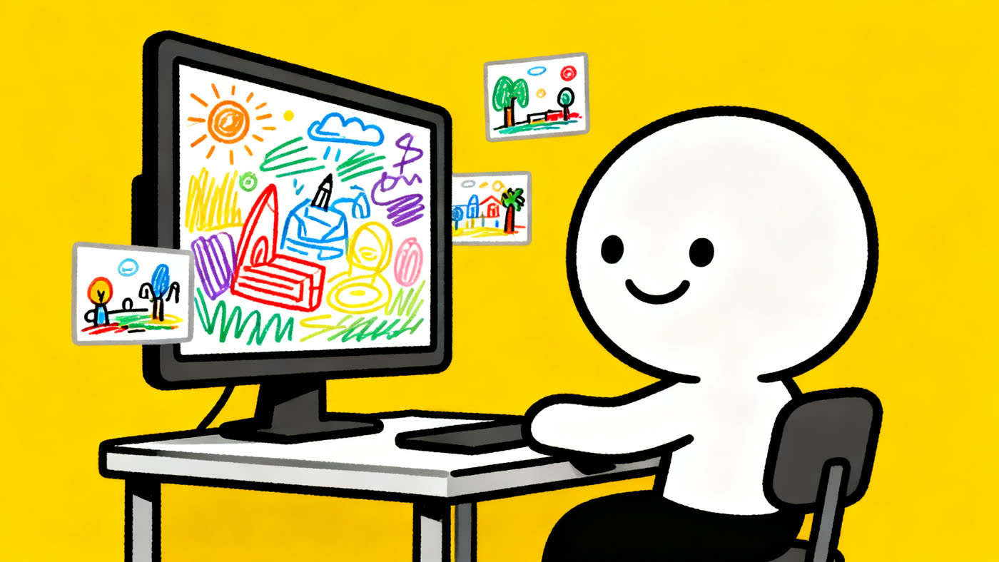 A cartoon character at a desk watching colorful hand-drawn doodle scenes appear on a screen