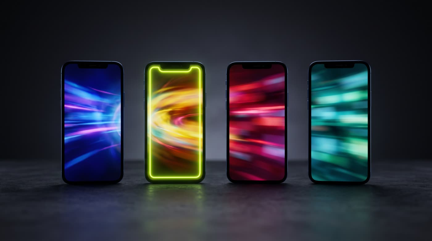 Four vertical phone screens in a row against black, each glowing a different color