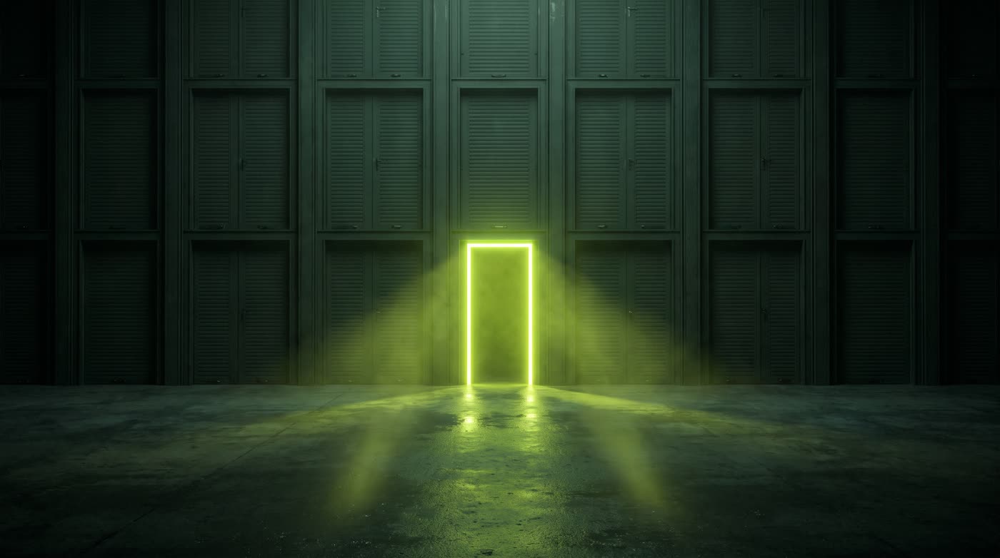 A single neon lime glowing doorway in a wall of identical dark closed doors