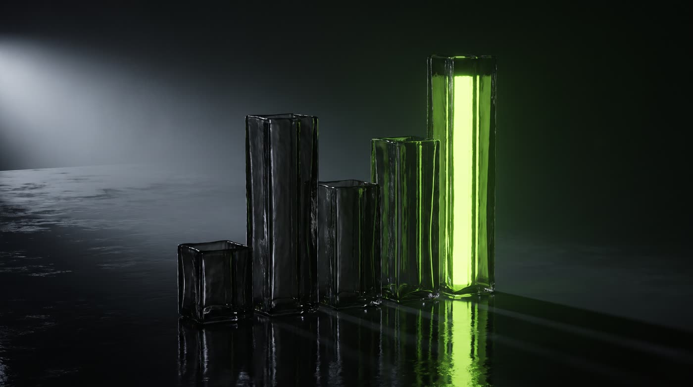 Abstract black glass bars rising like a bar chart, the tallest glowing neon lime