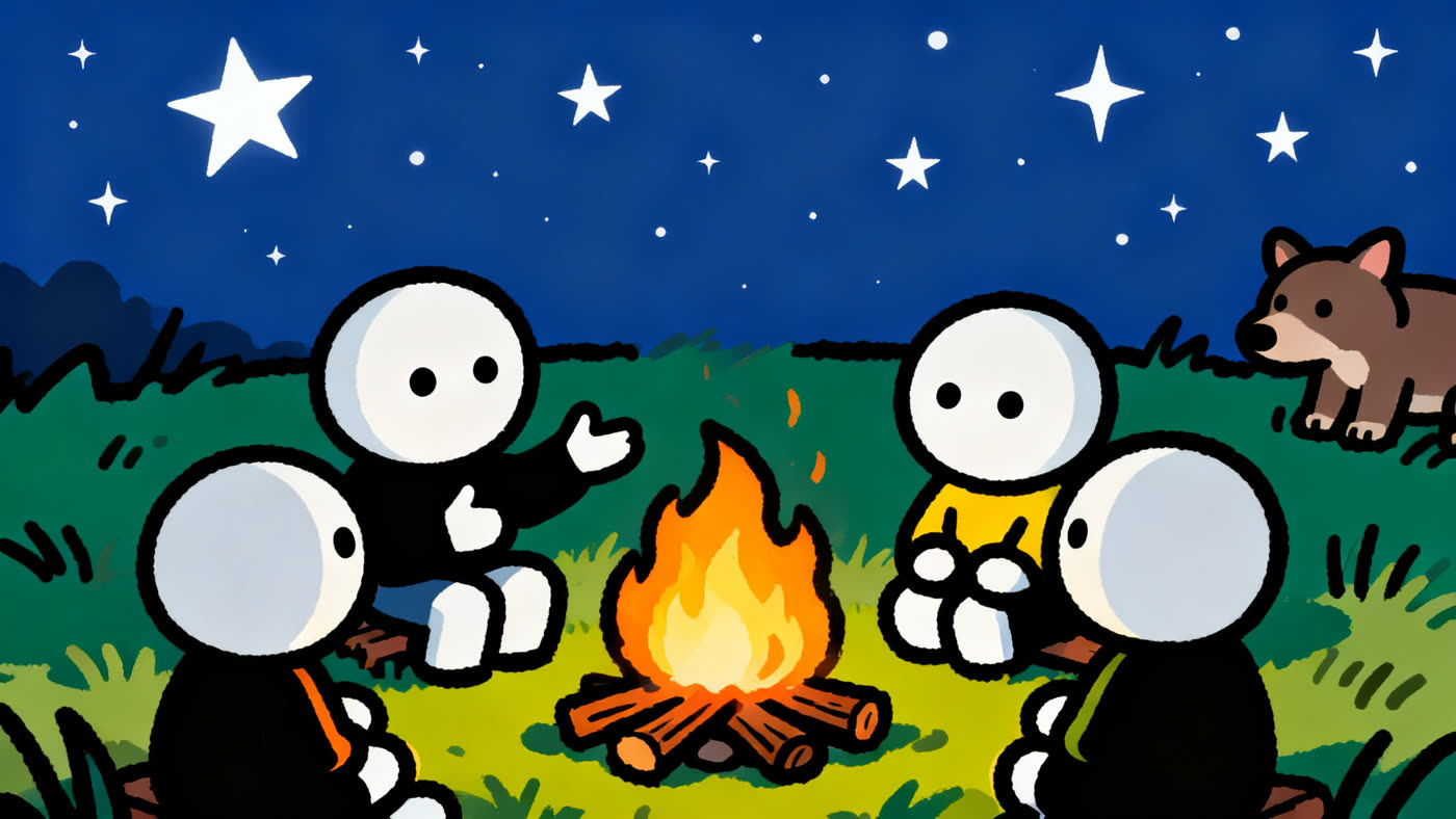 A colorful hand-drawn doodle scene of cartoon characters gathered around a campfire telling a story