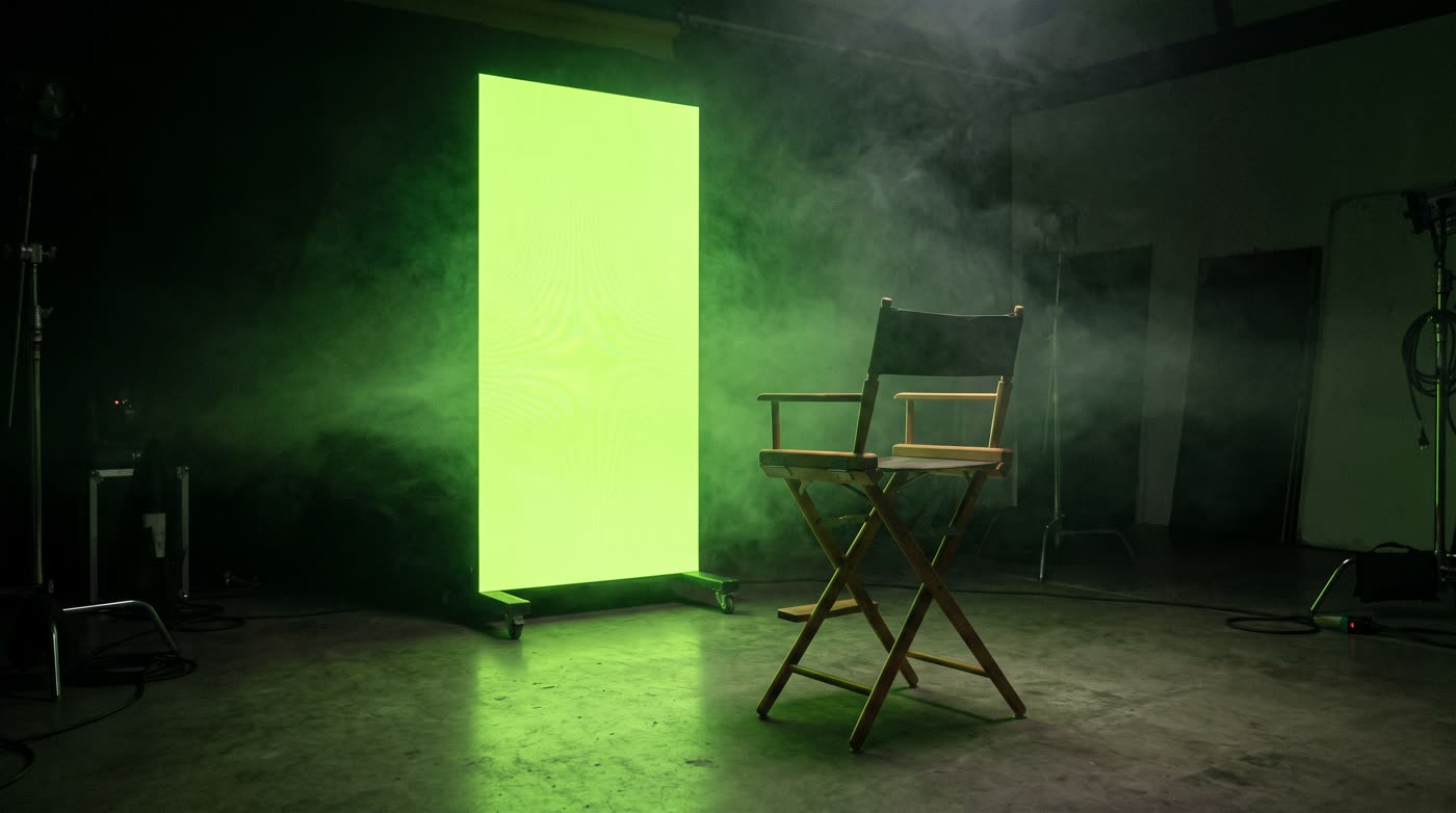 An empty director's chair in a dark studio facing a glowing neon lime vertical screen
