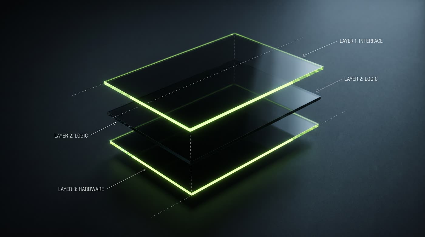 Exploded-view diagram of three floating translucent black panels with neon lime edge glow
