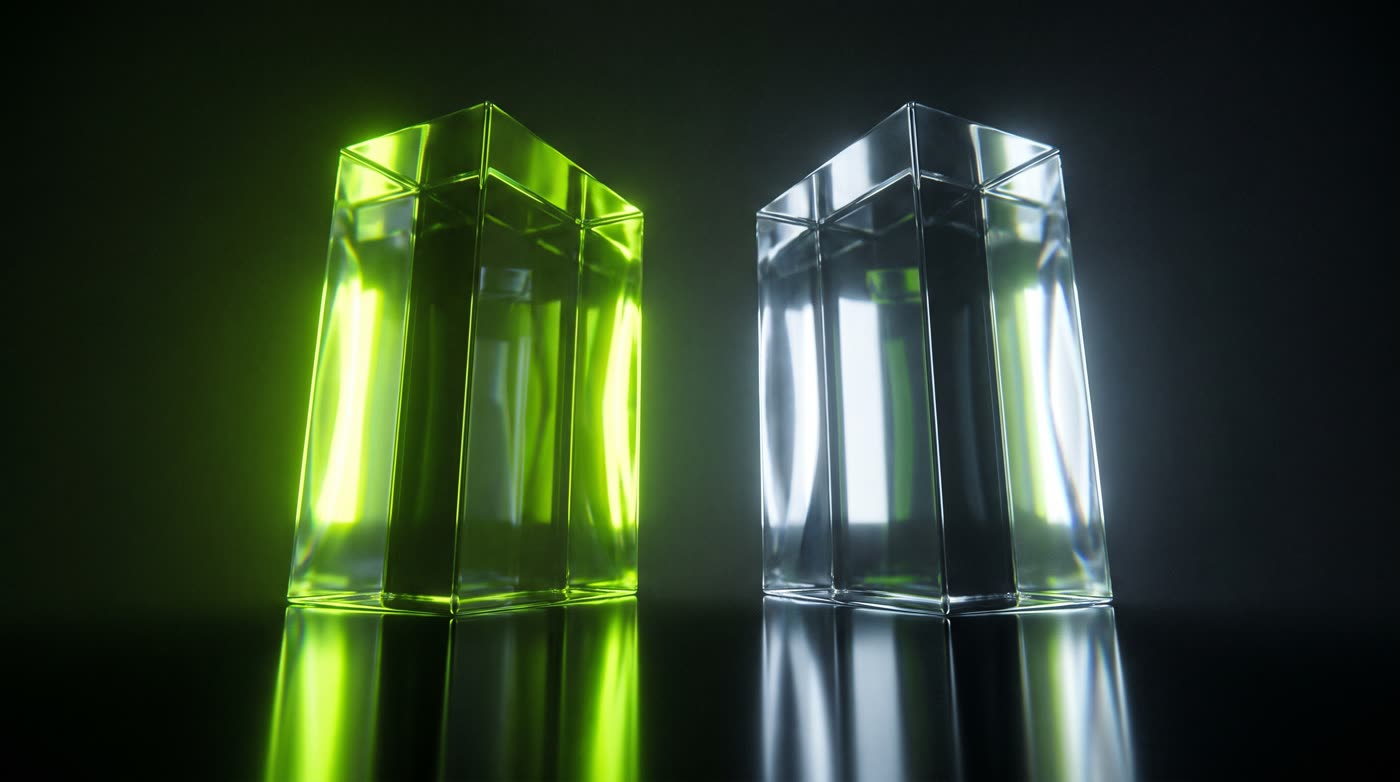Two glass monoliths on a black reflective surface, one lit neon lime and one cold white