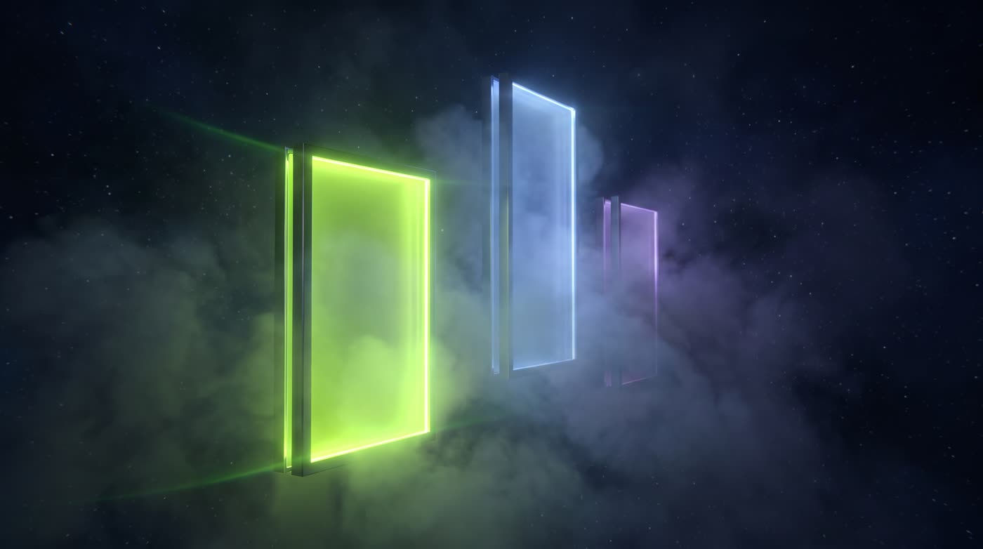 Three vertical glowing panels of different heights floating in dark space